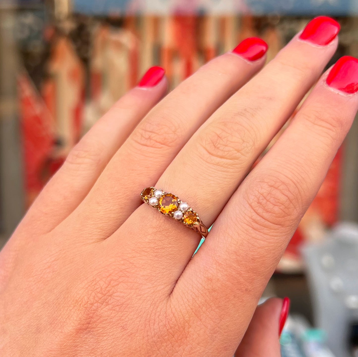 Edwardian Inspired Ornate 9ct Yellow Gold Citrine and Pearl Ring - SIZE O