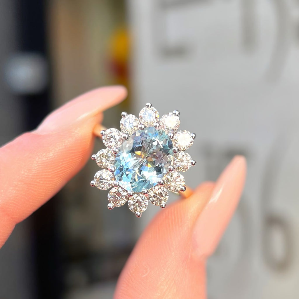 Aquamarine and Diamond Classic Cluster 14ct Yellow Gold Ring | Size N ½