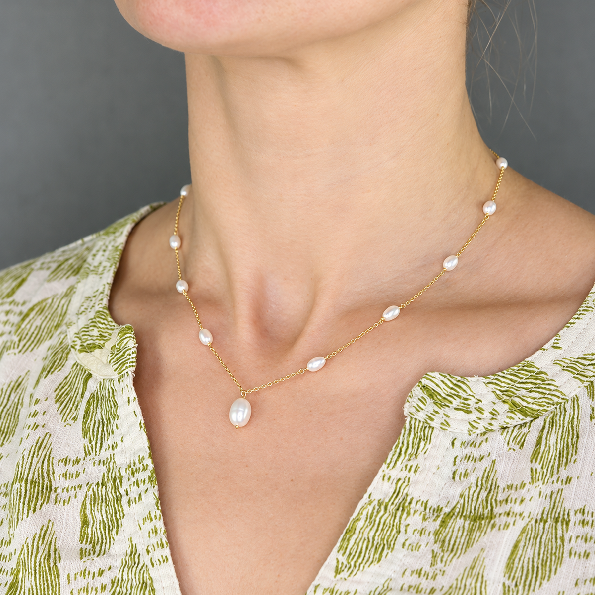 Pearl 9ct Gold Plated Sterling Silver Dainty Station Necklace