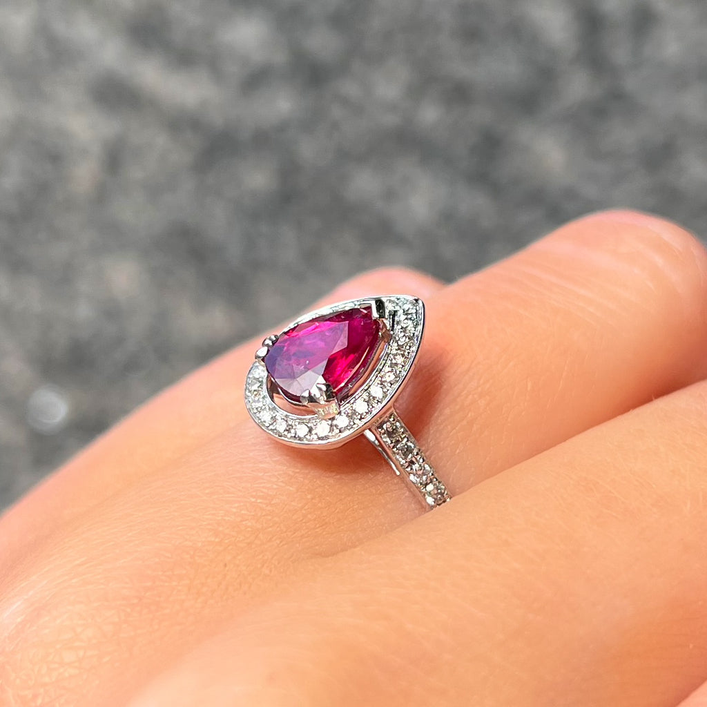 Ruby and Diamond Pear Shaped 18ct White Gold Ring | Size N
