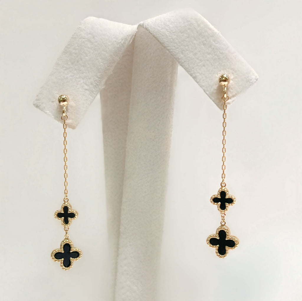 Designer Inspired Onyx Clover Shaped 9ct Yellow Gold Chain Drop Earrings