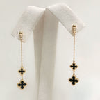 Designer Inspired Onyx Clover Shaped 9ct Yellow Gold Chain Drop Earrings