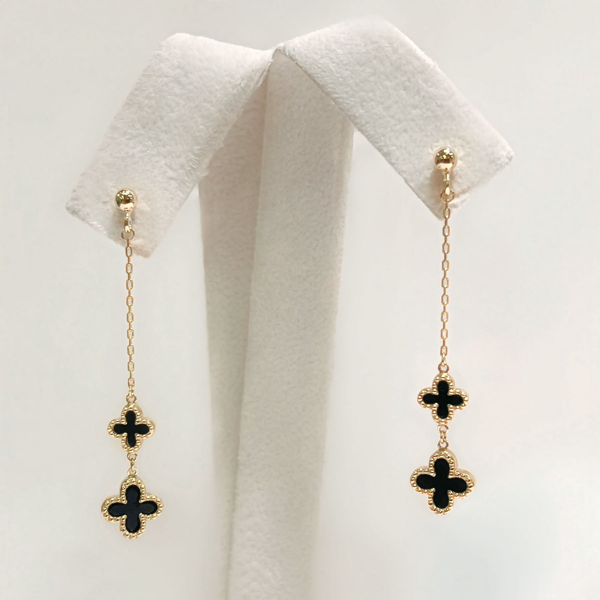 Designer Inspired Onyx Clover Shaped 9ct Yellow Gold Chain Drop Earrings