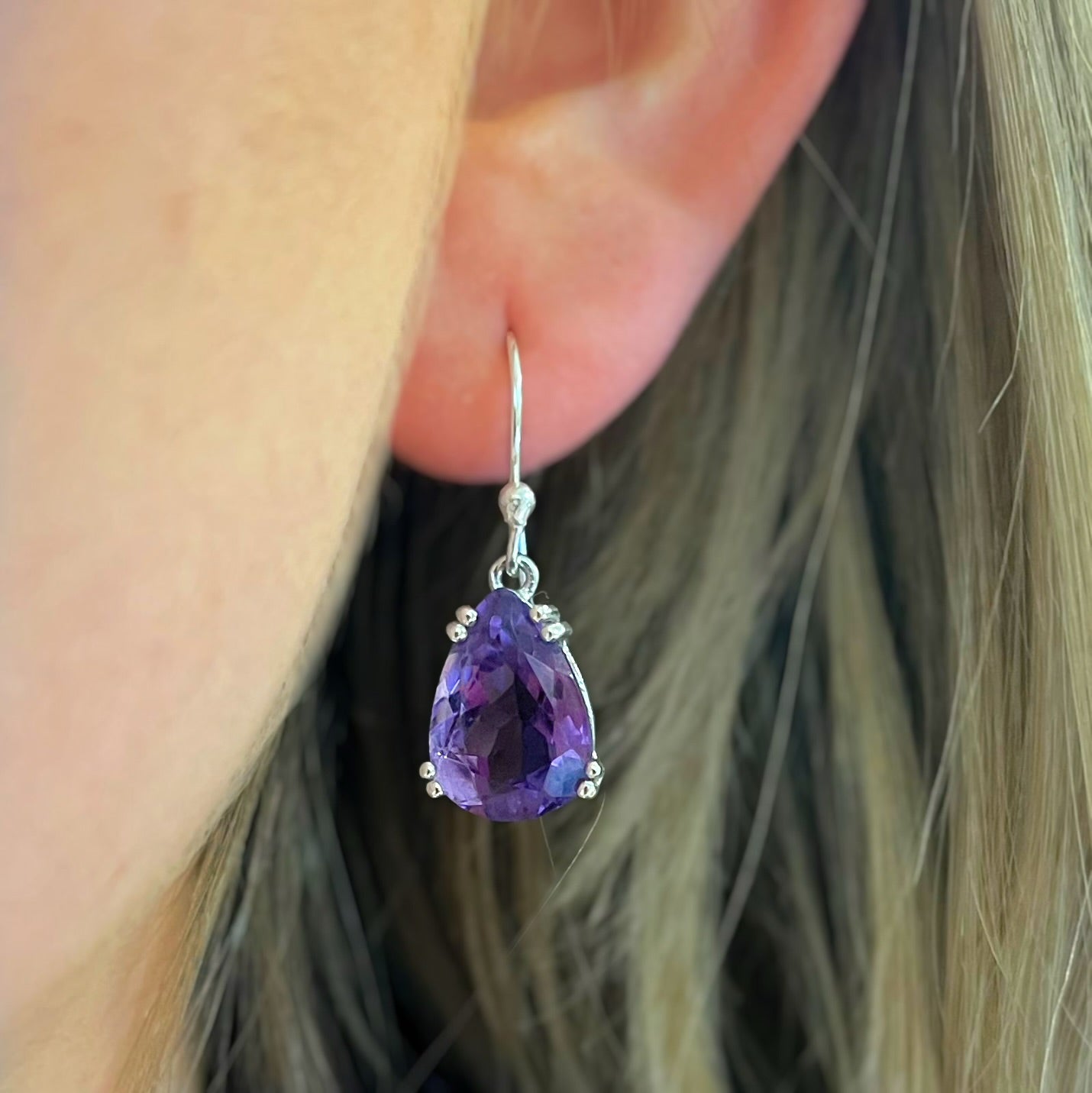Sterling Silver Pear Shaped Amethyst Drop Earrings