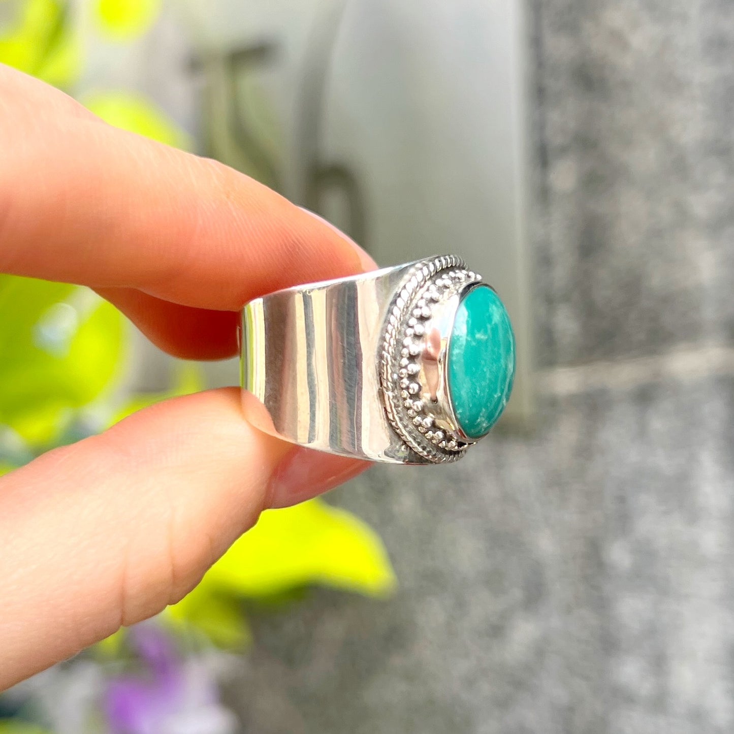 Sterling Silver Boho Green Amazonite Ring - Size T