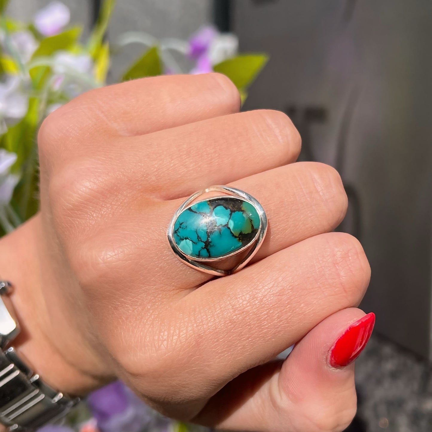 Contemporary Sterling Silver Turquoise Ring - Size P ½