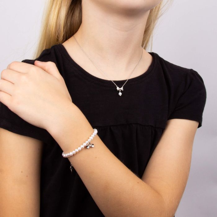 Diamond, Pearl & Sterling Silver Bow Charm Children's Bracelet