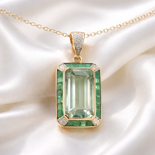 Art Deco Inspired 9ct Yellow Gold Green Amethyst and Emerald Necklace