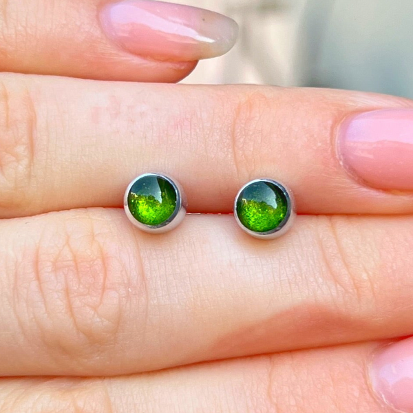‘Watch This Space’ Small Green Round Stud Earrings