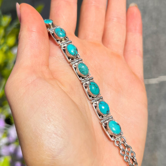 Blue Oval Cut Turquoise Sterling Silver Bracelet
