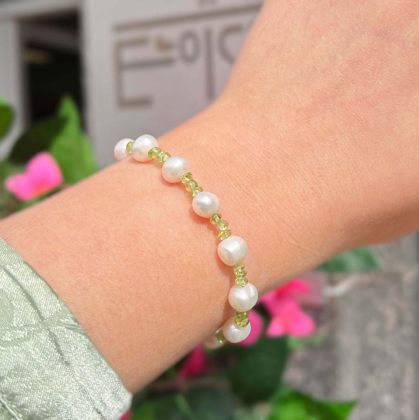 Unique Sterling Silver Peridot and Real Pearl Beaded Bracelet
