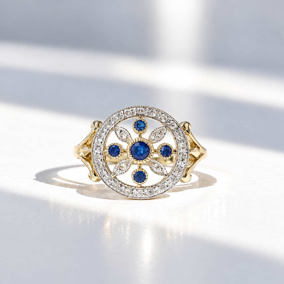 Victorian Inspired Sapphire and Diamond 9ct Yellow Gold Ring | Size L ½