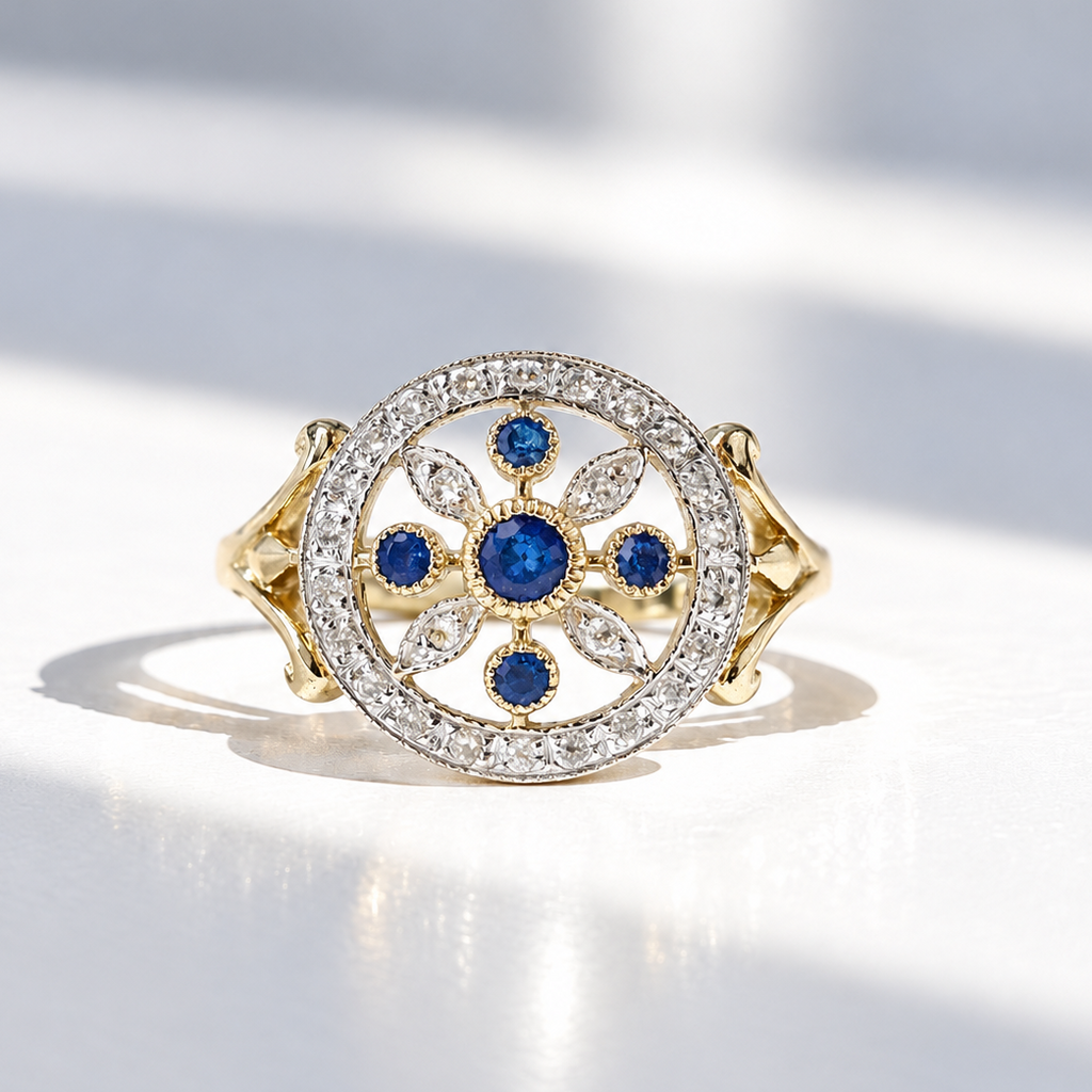 Victorian Inspired Sapphire and Diamond 9ct Yellow Gold Ring | Size L ½