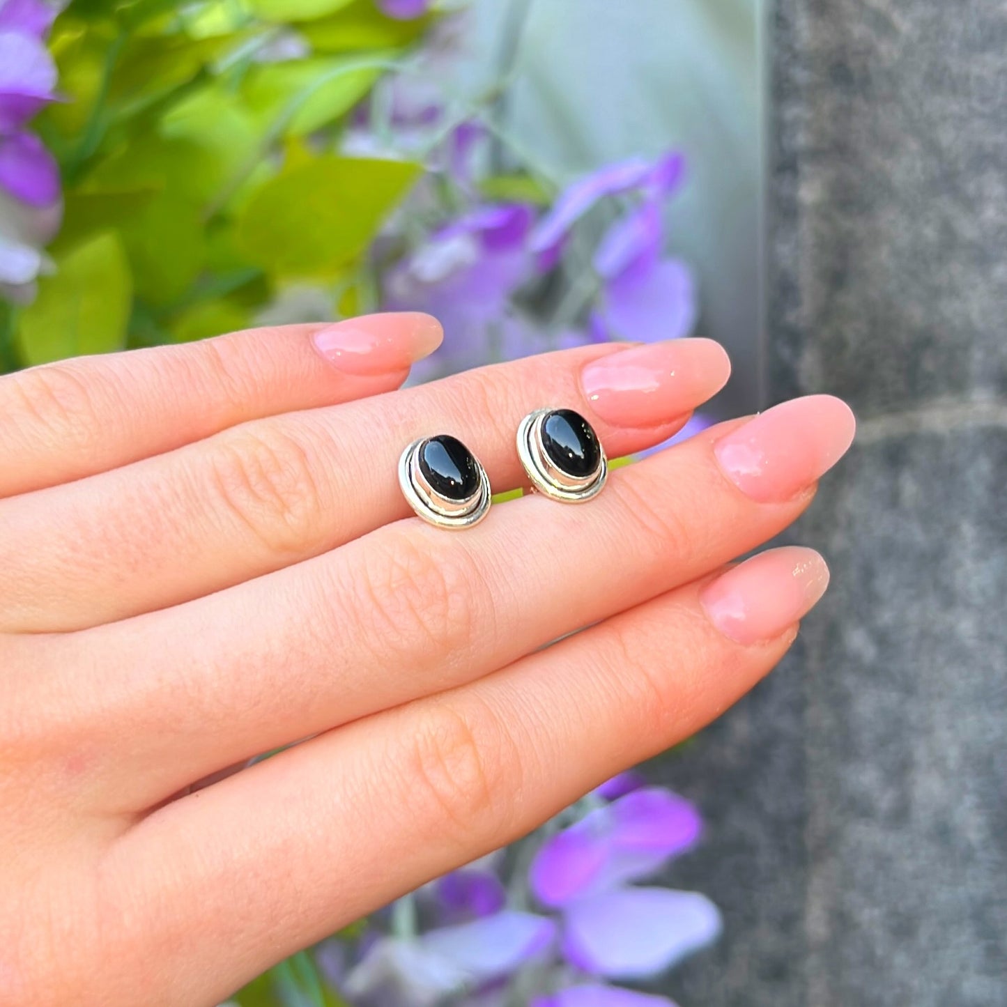 Sterling Silver Black Onyx Oval Stud Earrings