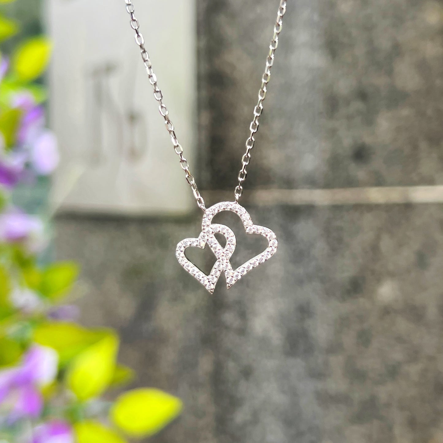 Sterling Silver Cubic Zirconia Double Heart Necklace