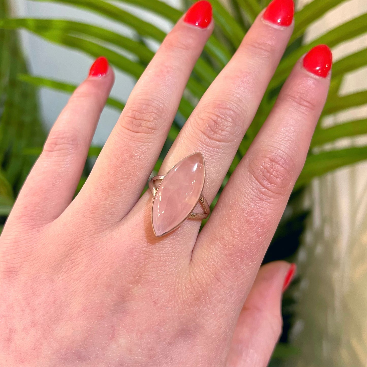 Pink Rose Quartz Sterling Silver Marquise Cut Ring - Size Q