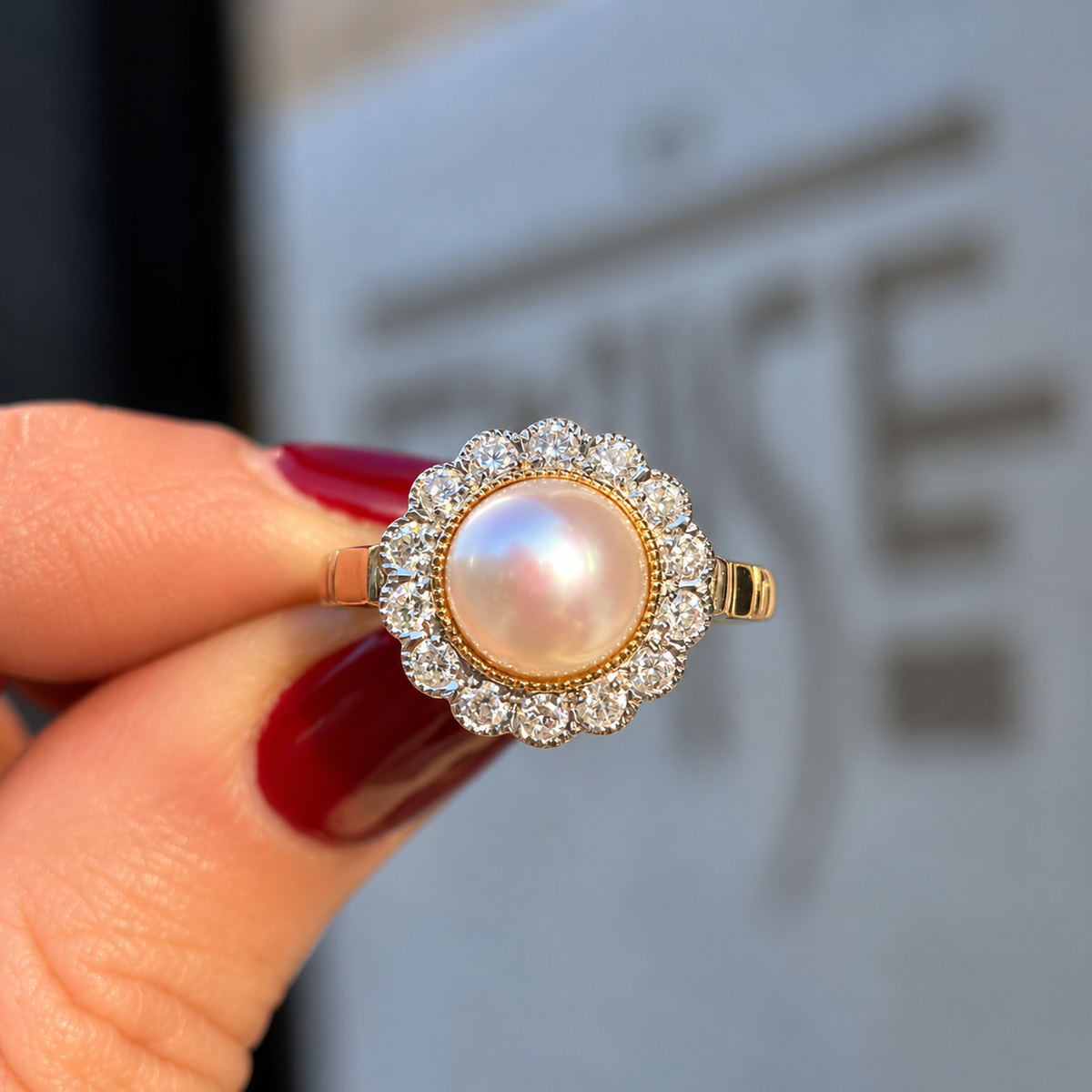 'The Audrey' Pearl and Diamond 9ct Yellow Gold Halo Cluster Ring | Size O