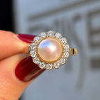 'The Audrey' Pearl and Diamond 9ct Yellow Gold Halo Cluster Ring | Size O
