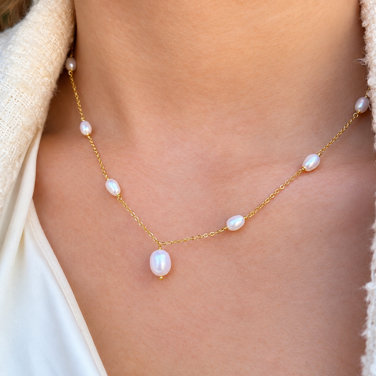 Pearl 9ct Gold Plated Sterling Silver Dainty Station Necklace