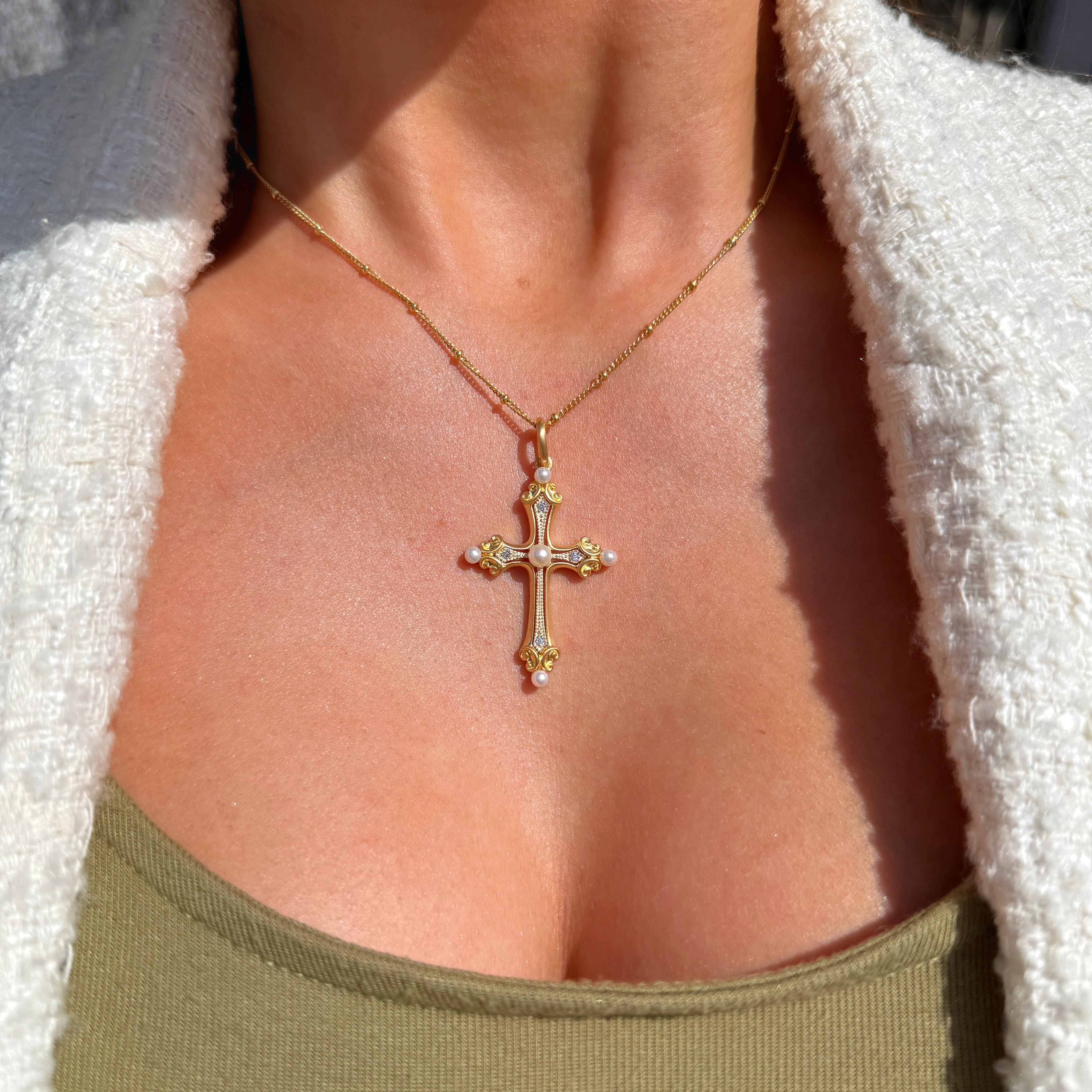 Freshwater Pearl & Cubic Zirconia 9ct Gold Plated Cross Necklace