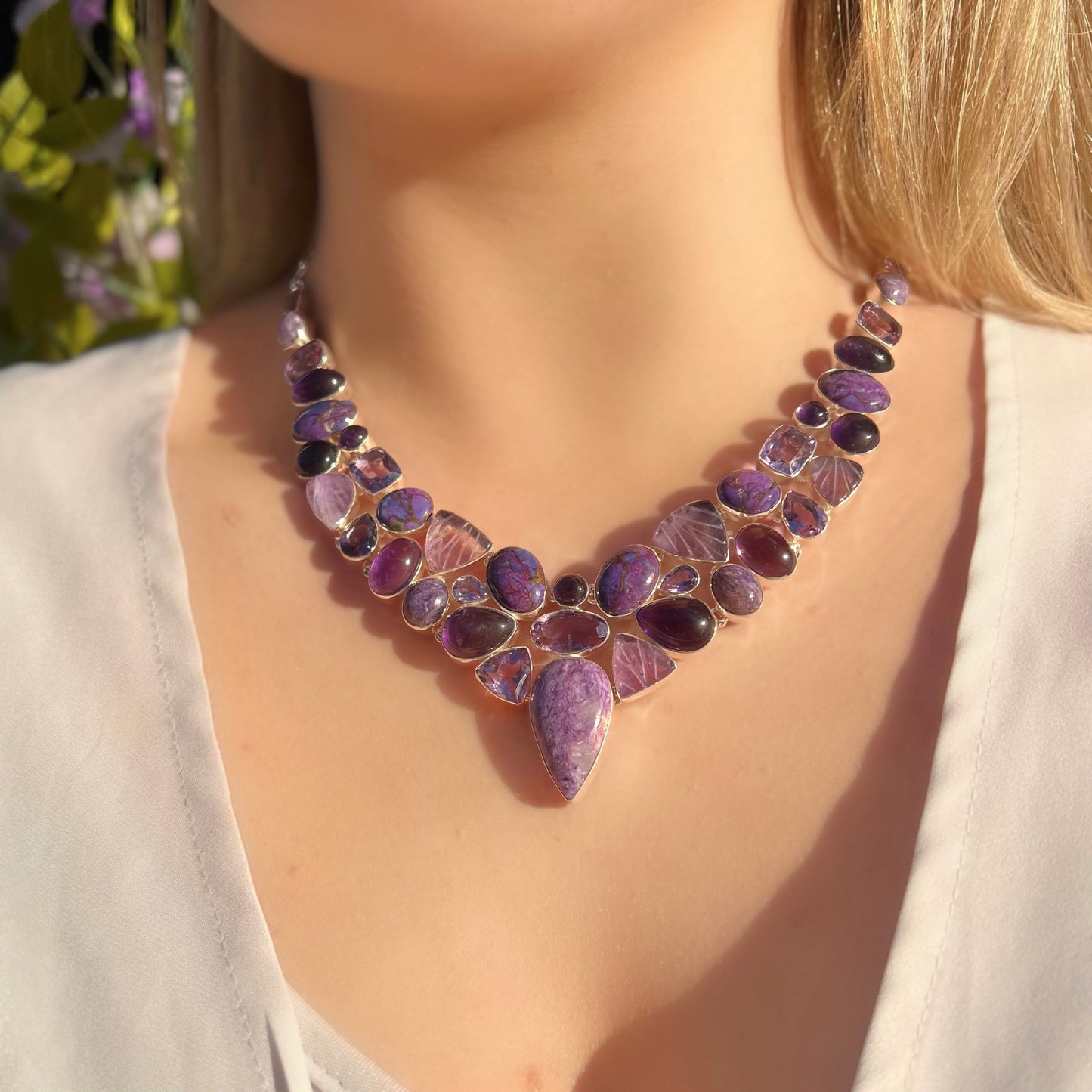 Chunky Sterling Silver Amethyst, Mohave Turquoise and Charoite Statement Necklace