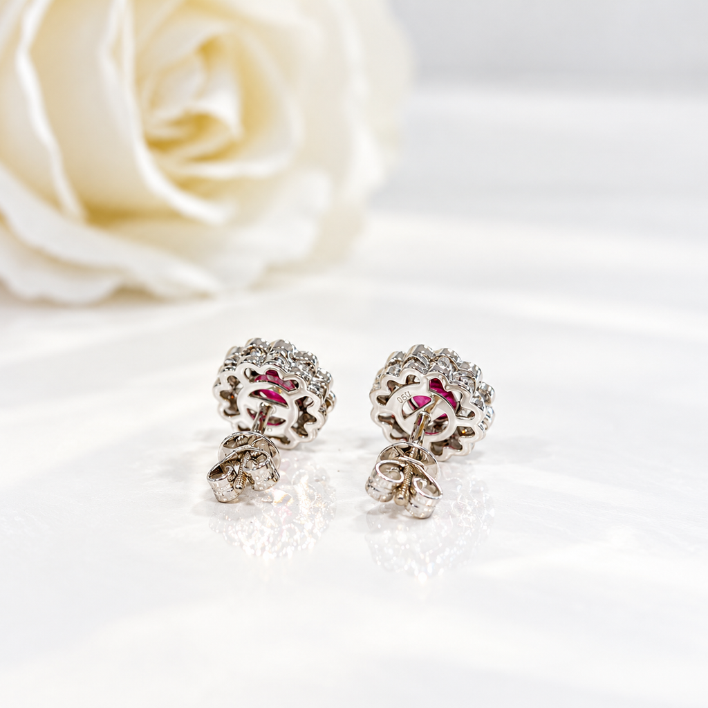 Ruby and Diamond 18ct White Gold Halo Stud Earrings