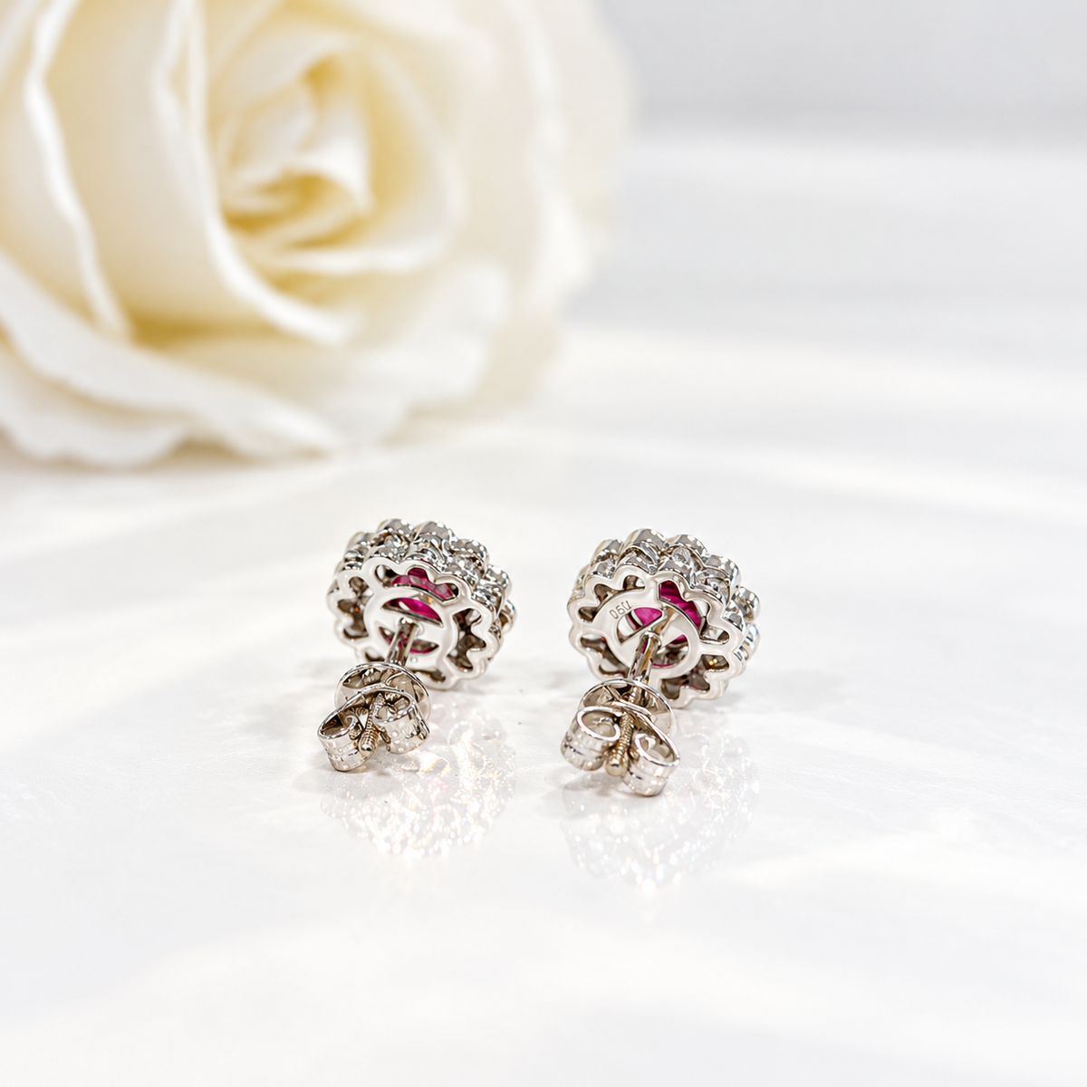 Ruby and Diamond 18ct White Gold Halo Stud Earrings