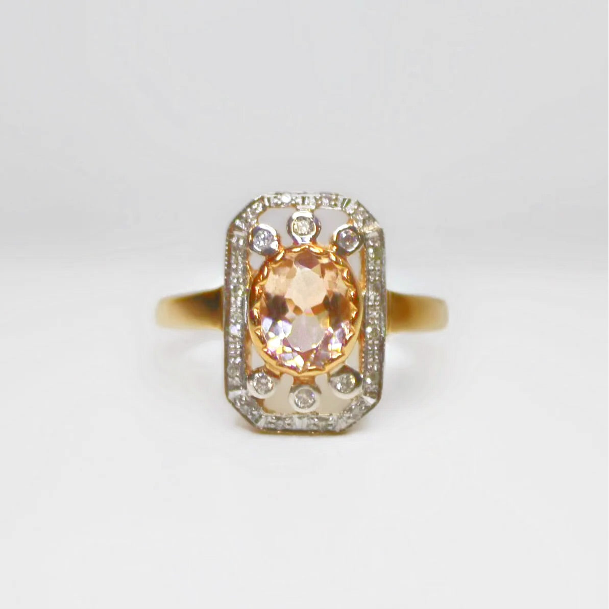 Art Deco Inspired 9ct Rose Gold Morganite and Diamond Ring – Size N ½