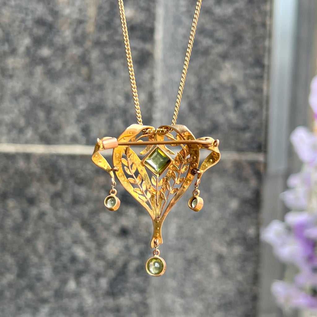 Antique Edwardian Seed Pearl and Peridot 9ct Yellow Gold Brooch/Pendant Lavalier