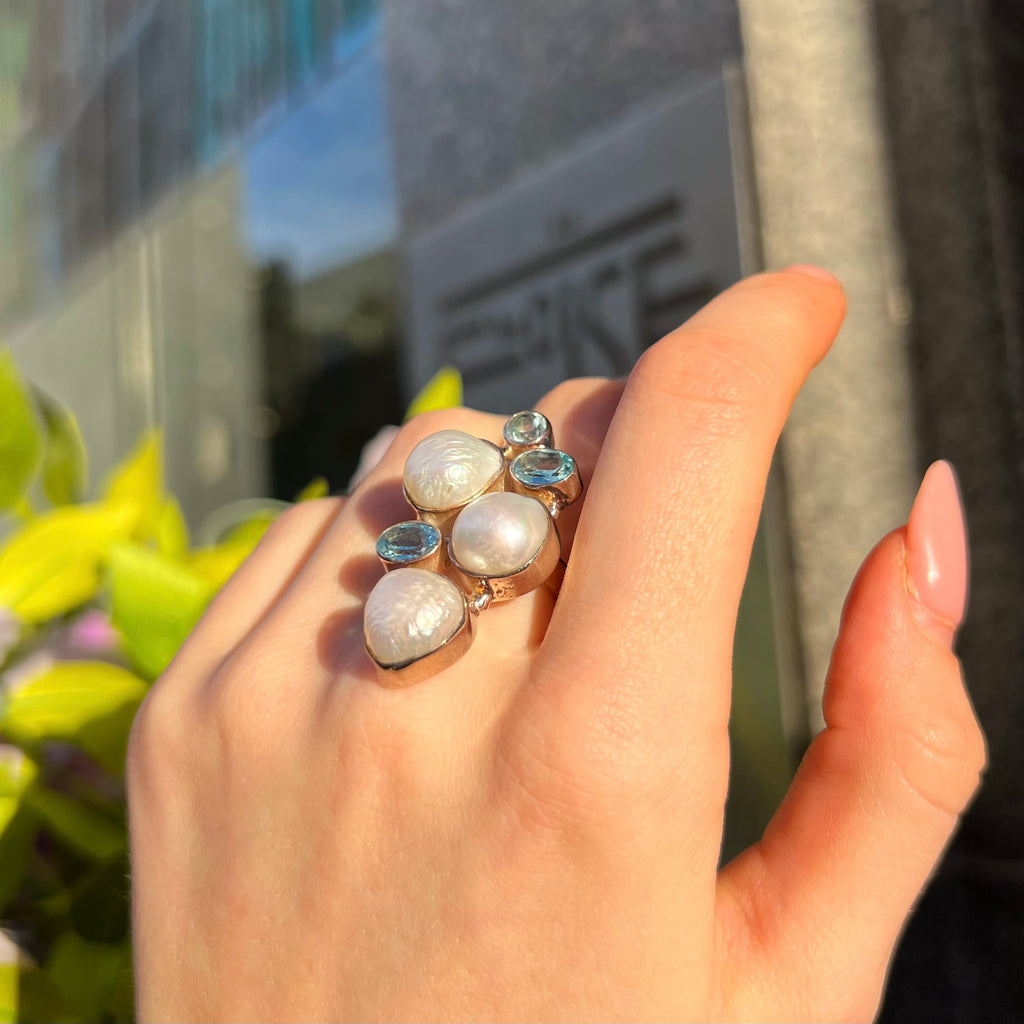 Baroque Pearl & Blue Topaz Sterling Silver Ring | Adjustable Size