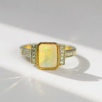 'The Opalina' Rectangular Opal and Diamond 9ct Yellow Gold Ring | Size K