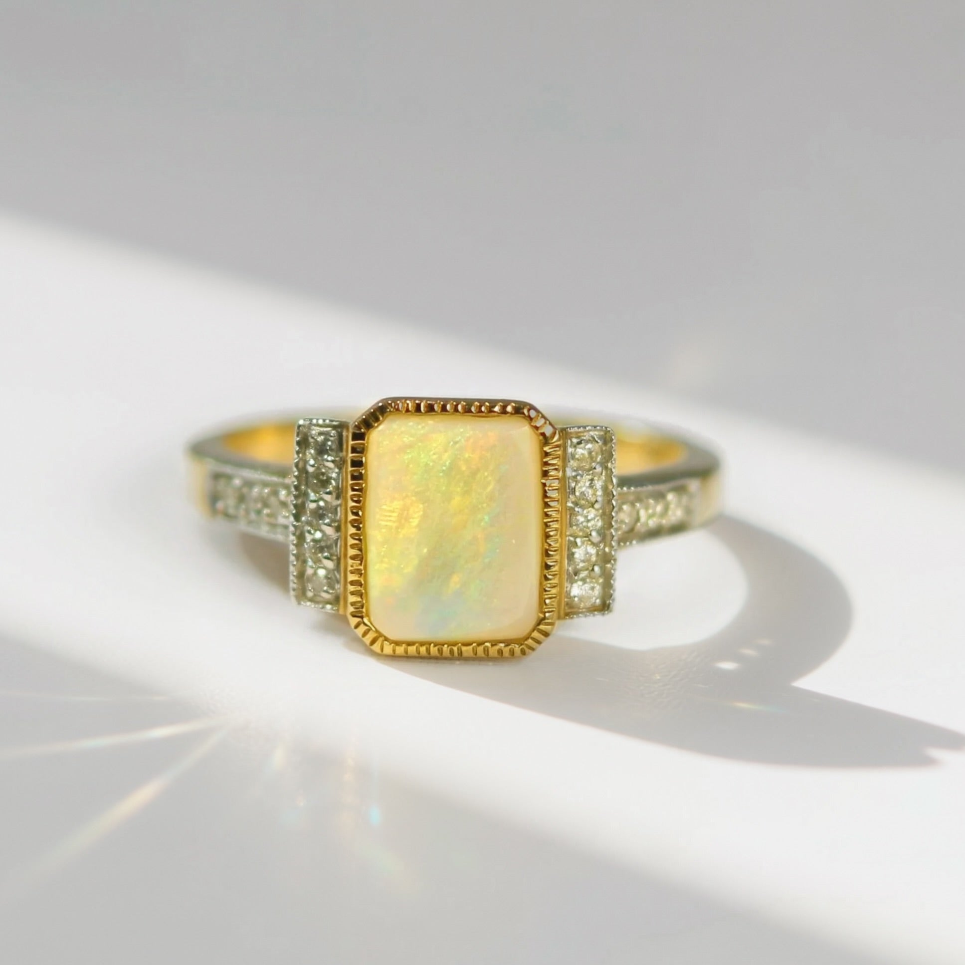 'The Opalina' Rectangular Opal and Diamond 9ct Yellow Gold Ring | Size K