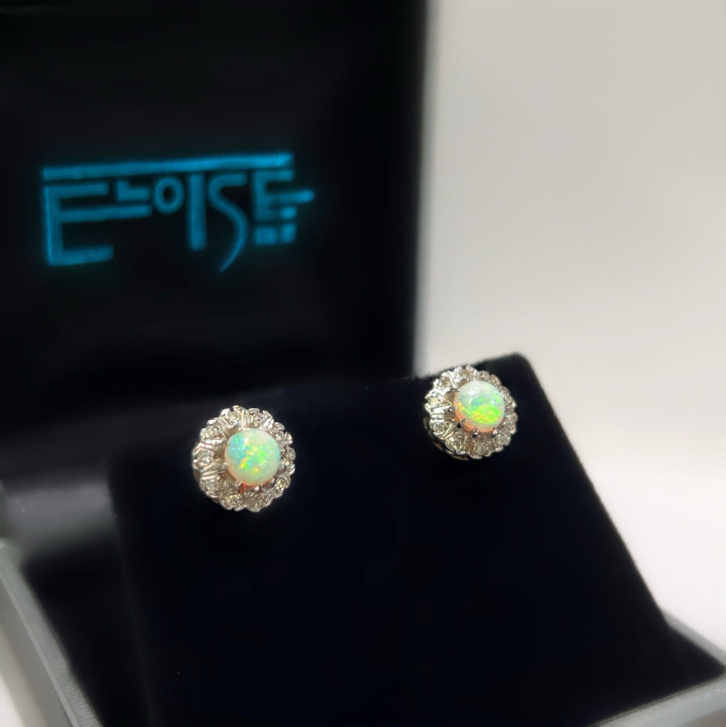 Antique 9ct Yellow Gold Opal and Diamond Stud Cluster Earrings