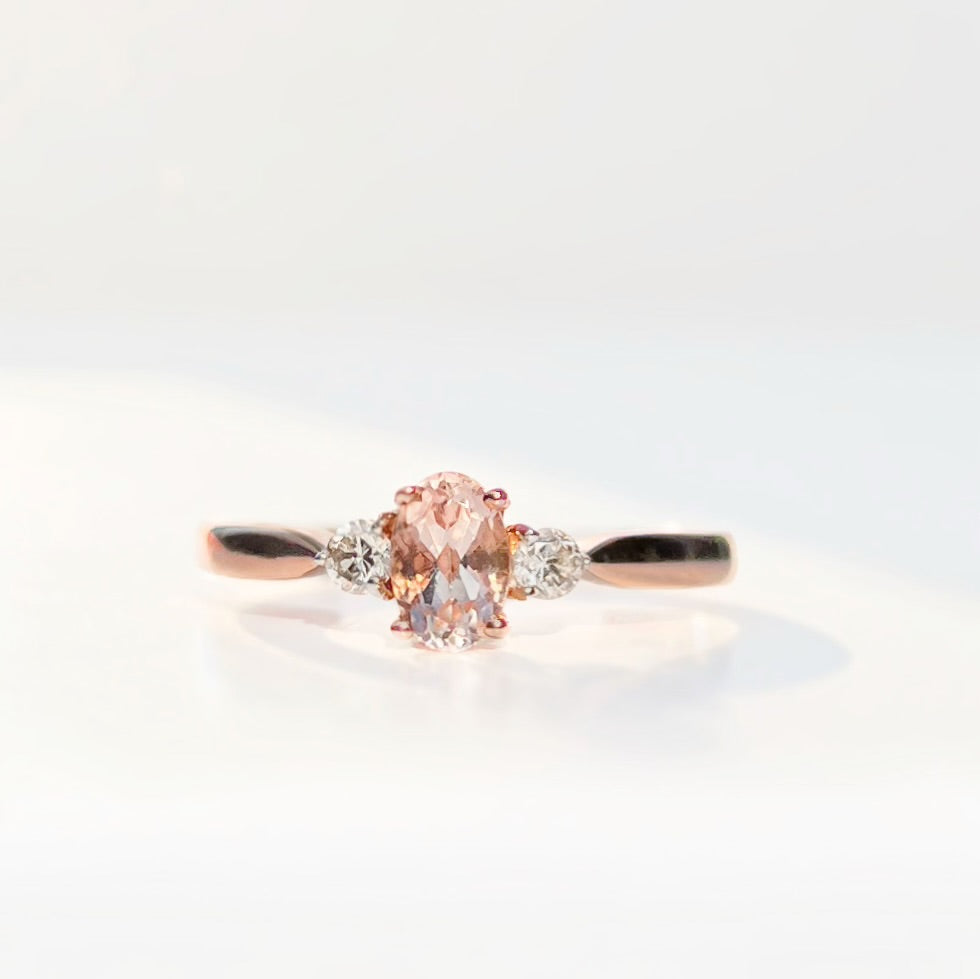 Morganite and Diamond 9ct Rose Gold Trilogy Ring | Size M ½