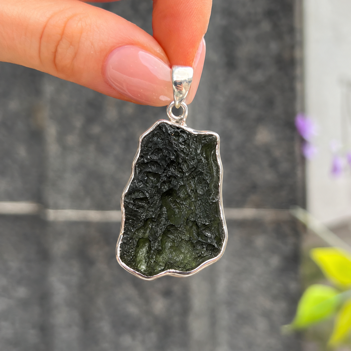 Rough Cut Green Moldavite Sterling Silver Pendant