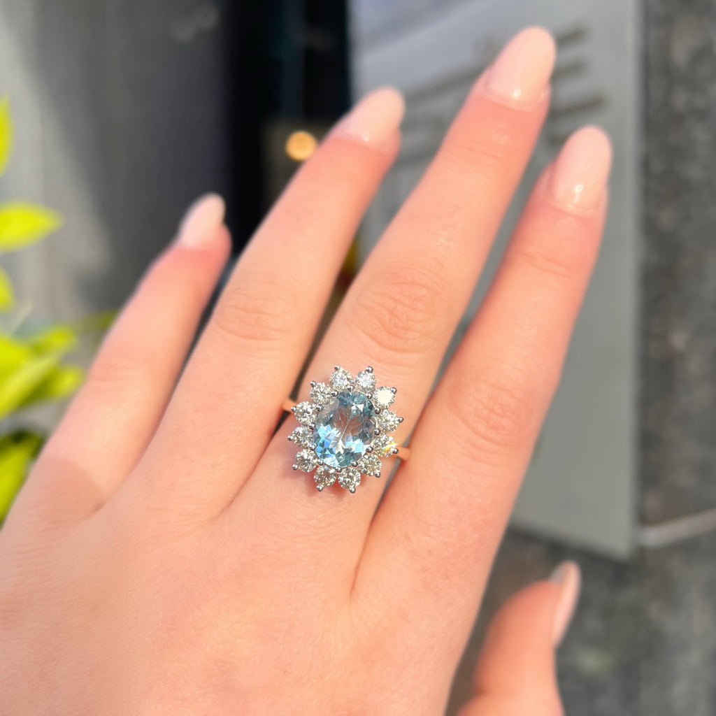 Aquamarine and Diamond Classic Cluster 14ct Yellow Gold Ring | Size N ½