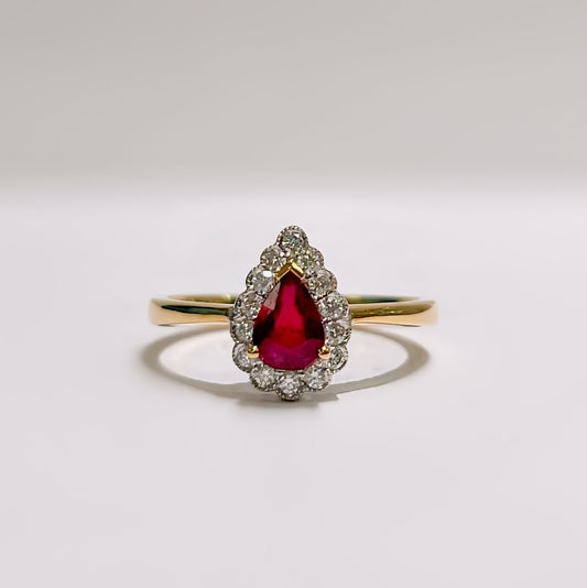 Dainty 18ct Yellow Gold Pear Shaped Red Ruby and Diamond Engagement Ring - SIZE M