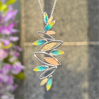 Scottish Blue & Green Hand Enamelled Leaf Sterling Silver Necklace | Sheila Fleet