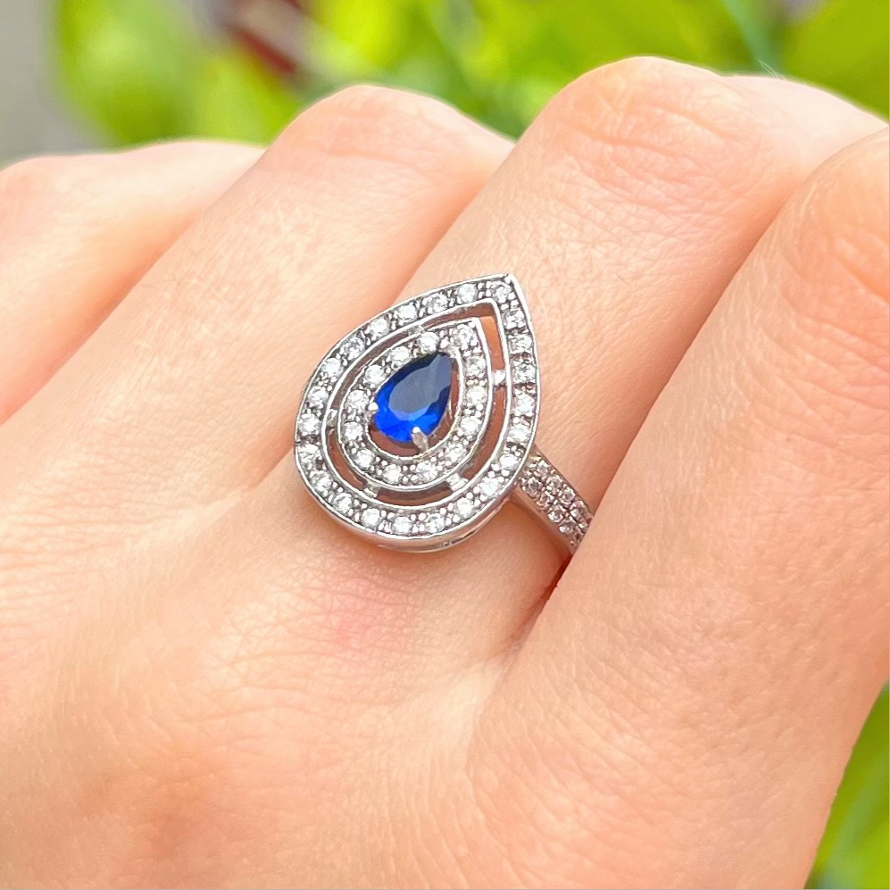 Blue Cubic Zirconia Sterling Silver Pear Shape Double Halo Ring | Size N