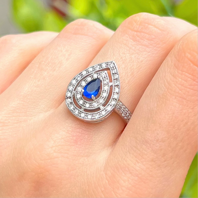 Blue Cubic Zirconia Sterling Silver Pear Shape Double Halo Ring | Size N