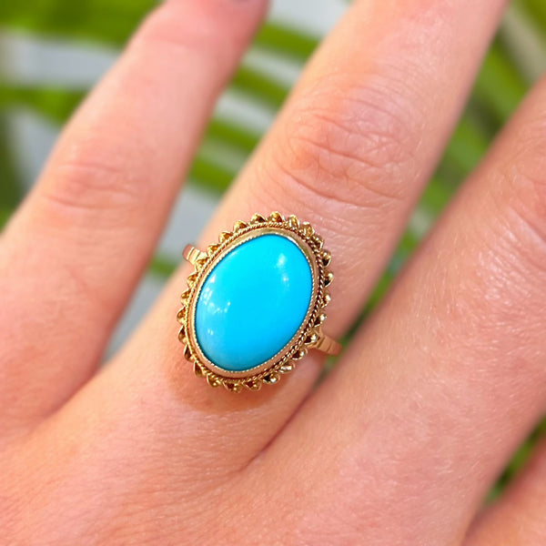 Vintage 9ct Yellow Gold Turquoise Dress Ring - Size L½