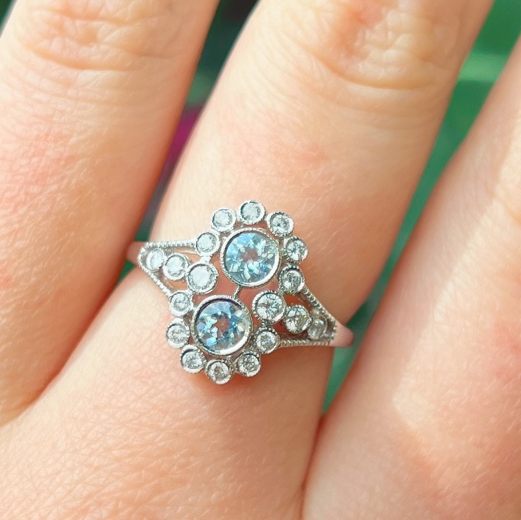 Edwardian Reproduction Aquamarine and Diamond 18ct White Gold Ring | Size N ½
