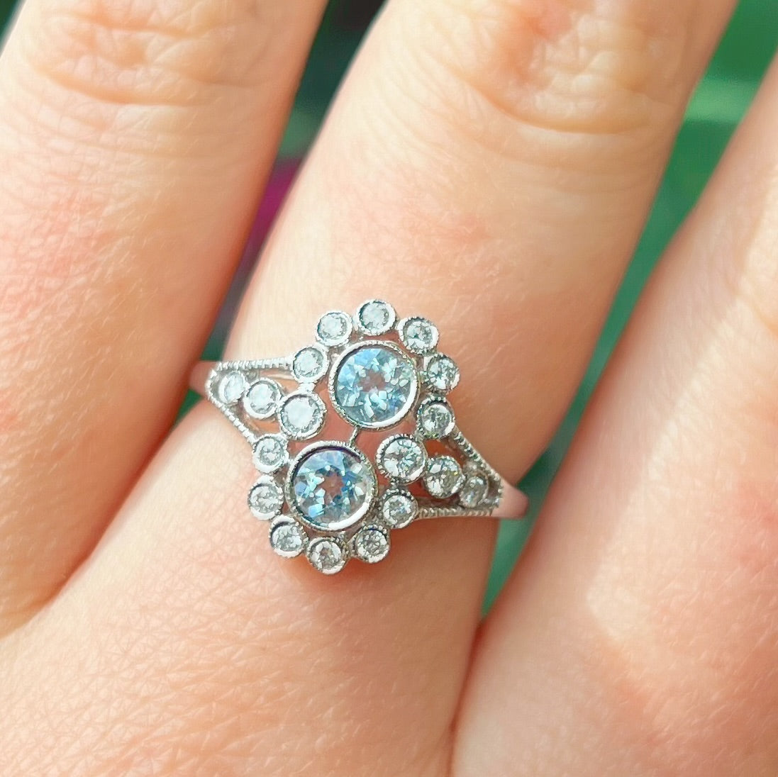 Edwardian Reproduction Aquamarine and Diamond 18ct White Gold Ring | Size N ½