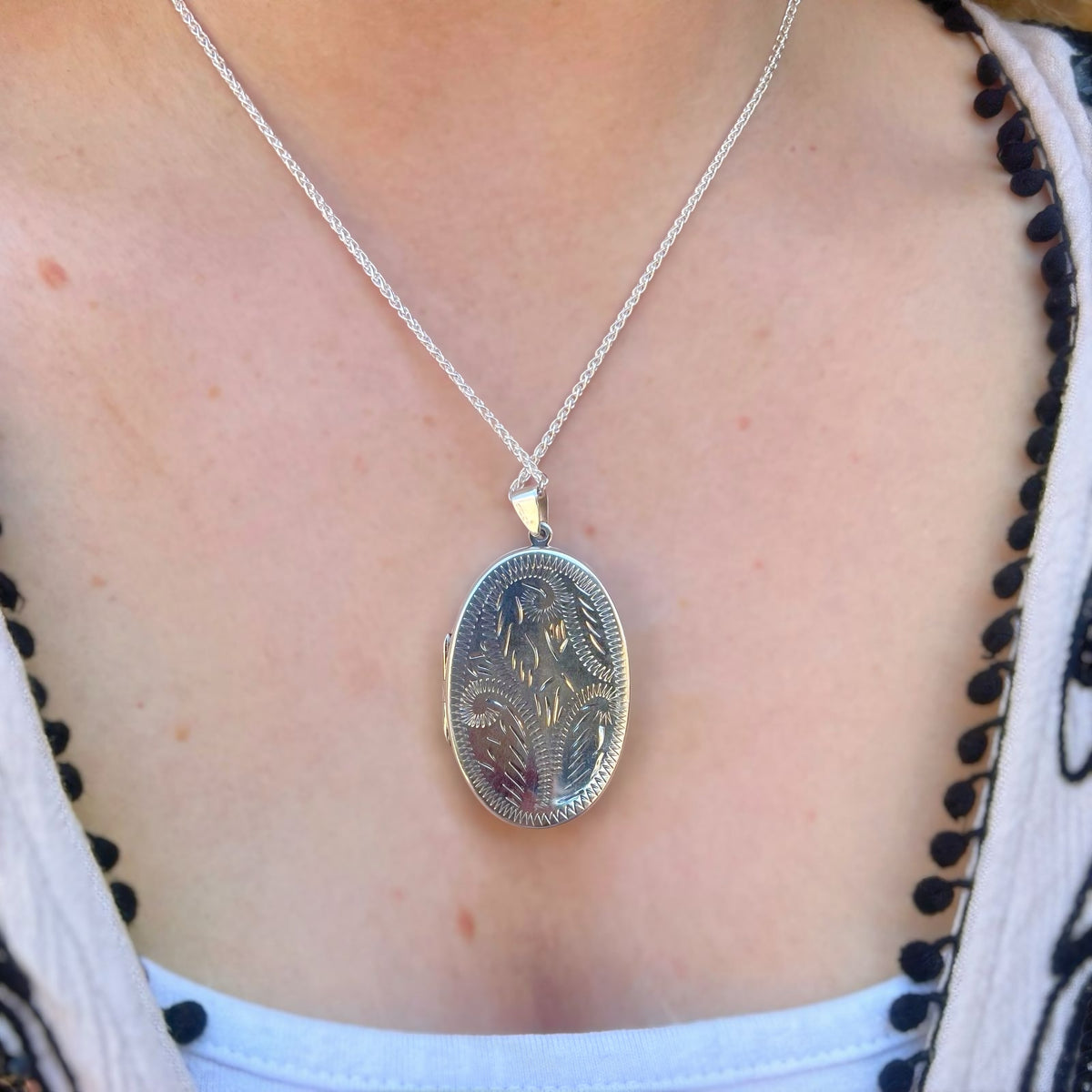 Large Sterling Silver Double-Sided Engraved Oval Locket