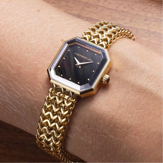 Herbelin Octogône Ladies Steel Gold Watch with Mother of Pearl Black Dial