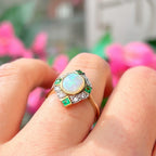 Art Deco Reproduction Opal, Emerald and Diamond 9ct Yellow Gold Ring | Size M ½