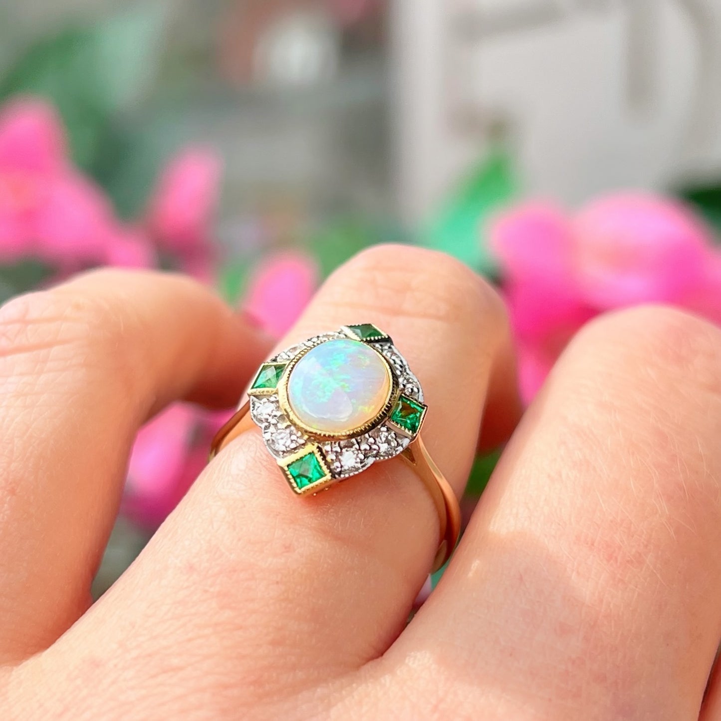 Art Deco Reproduction Opal, Emerald and Diamond 9ct Yellow Gold Ring | Size M ½