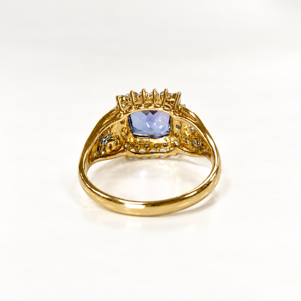 Vintage Indigo Tanzanite and Diamond 18ct Yellow Gold Cluster Chunky Ring | Size N
