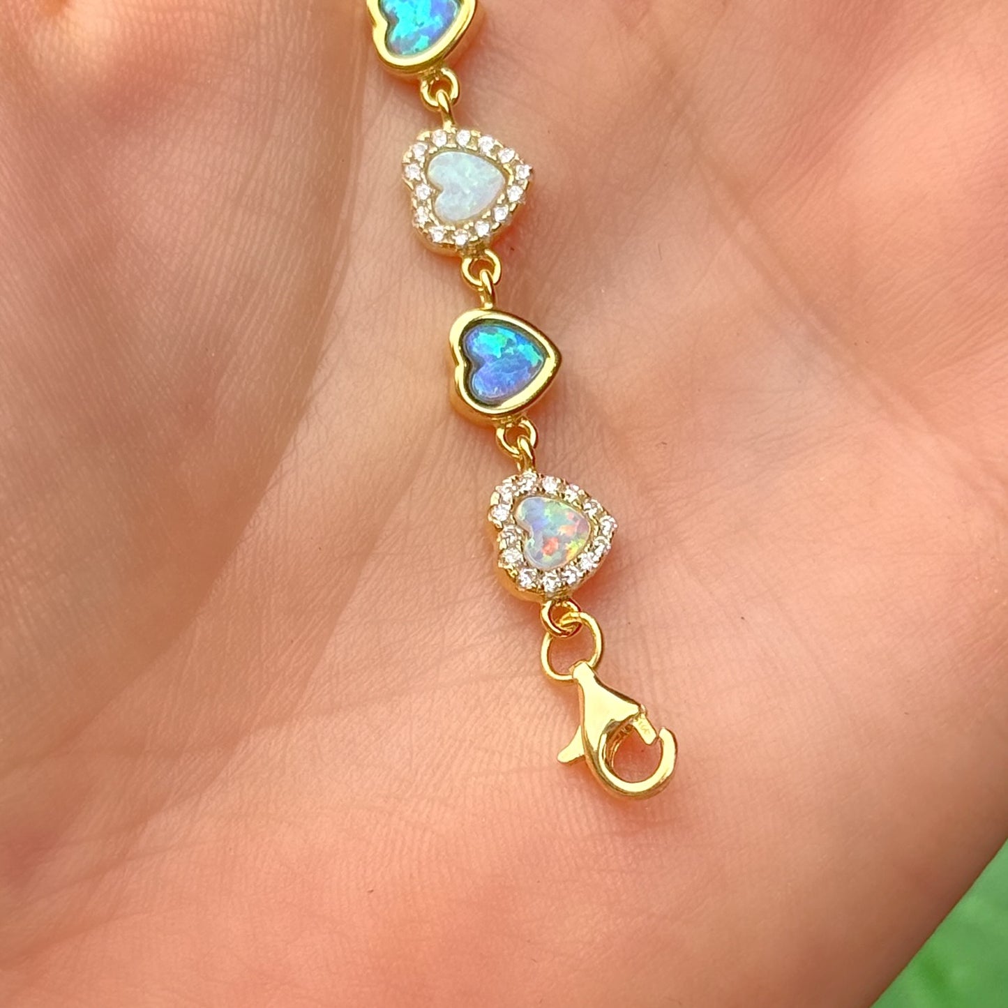 Blue & White Opal 9ct Yellow Gold Plated Cubic Zirconia Love Heart’s Bracelet