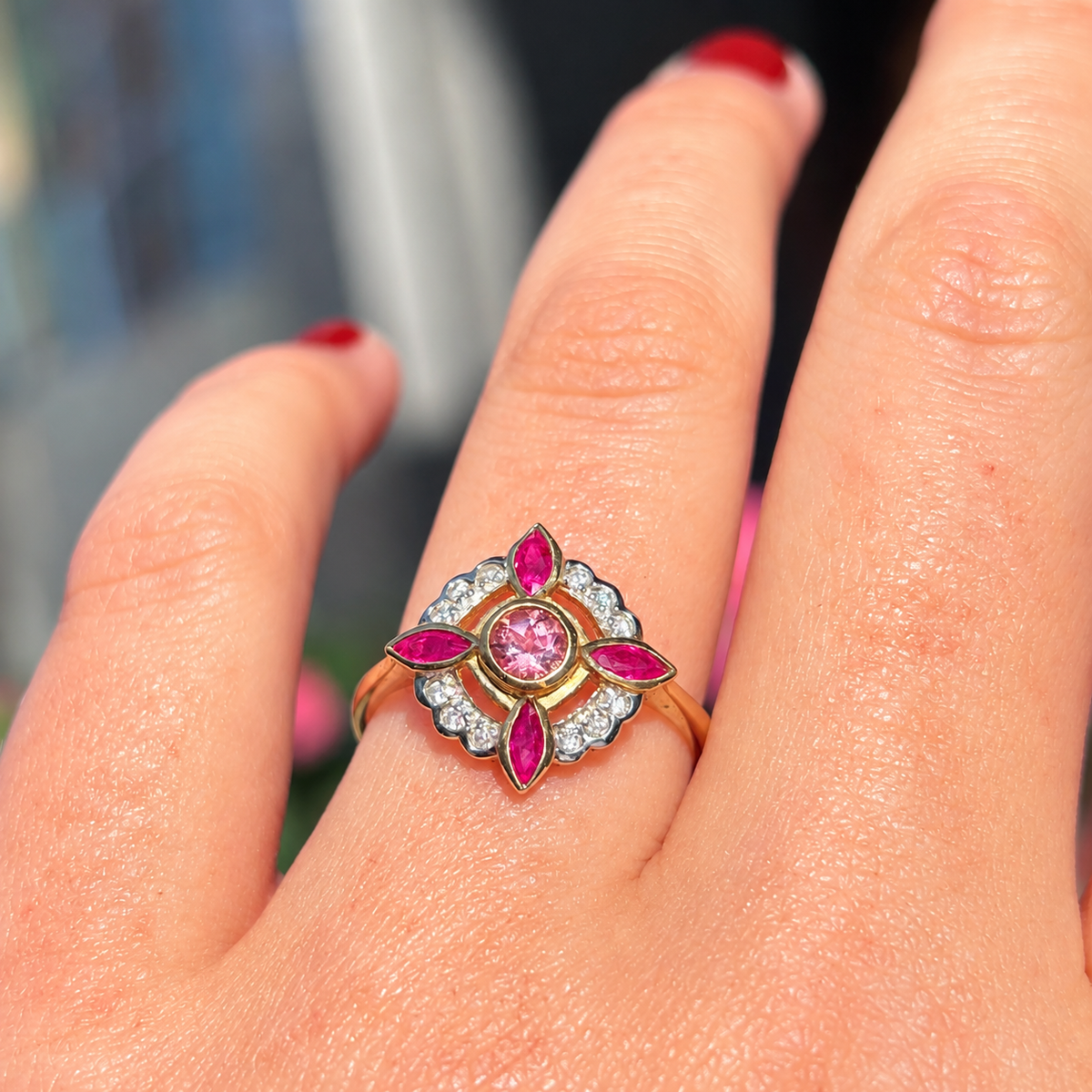 Edwardian Reproduction Pink Tourmaline, Ruby and Diamond 9ct Yellow Gold Ring | Size O